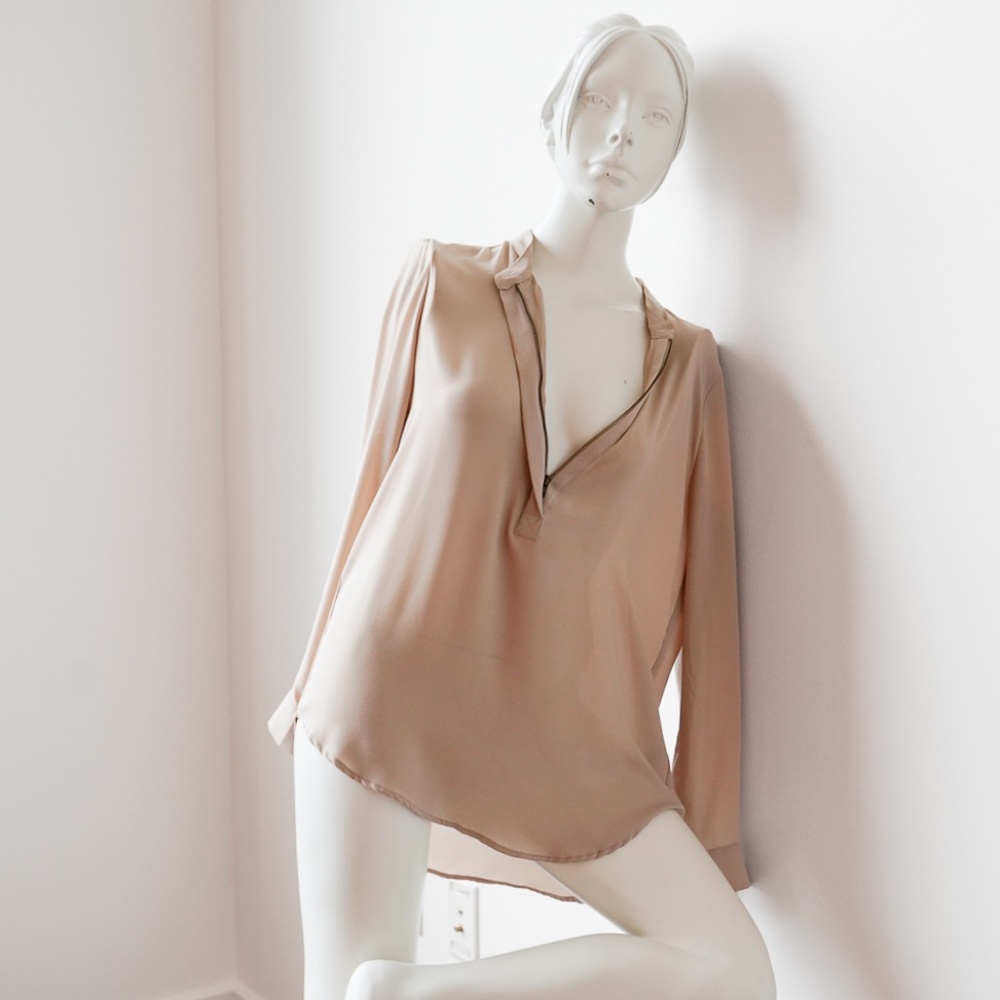BELLATRIX Zip Front Blouse in Blush Nude, Size Small